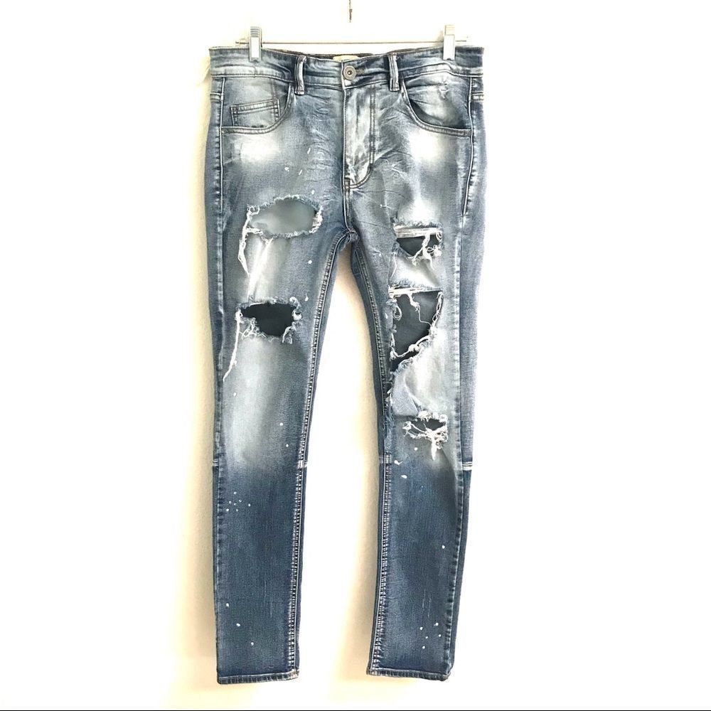 KDNK 11 4 14 11 painted & distressed light wash stretch denim jeans 32